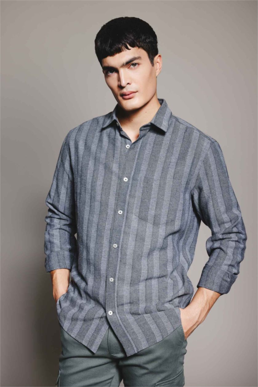 Erkek Antrasit Regular Fit Çizgili Dokulu Uzun Kollu Gömlek