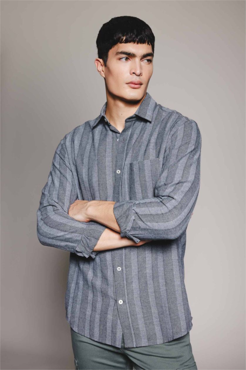 Erkek Antrasit Regular Fit Çizgili Dokulu Uzun Kollu Gömlek