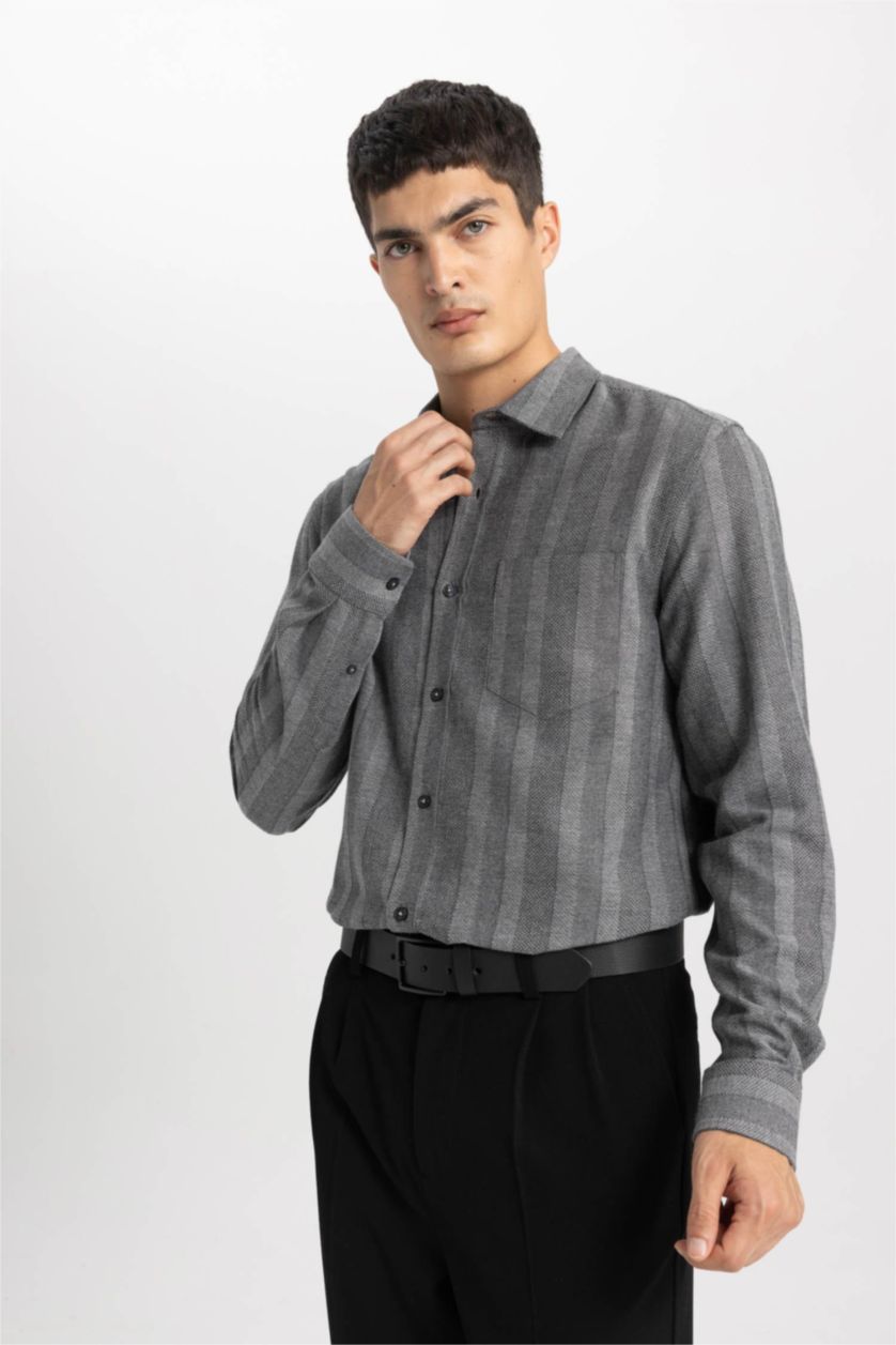 Erkek Antrasit Regular Fit Çizgili Dokulu Uzun Kollu Gömlek