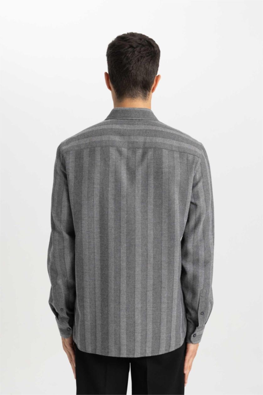 Erkek Antrasit Regular Fit Çizgili Dokulu Uzun Kollu Gömlek