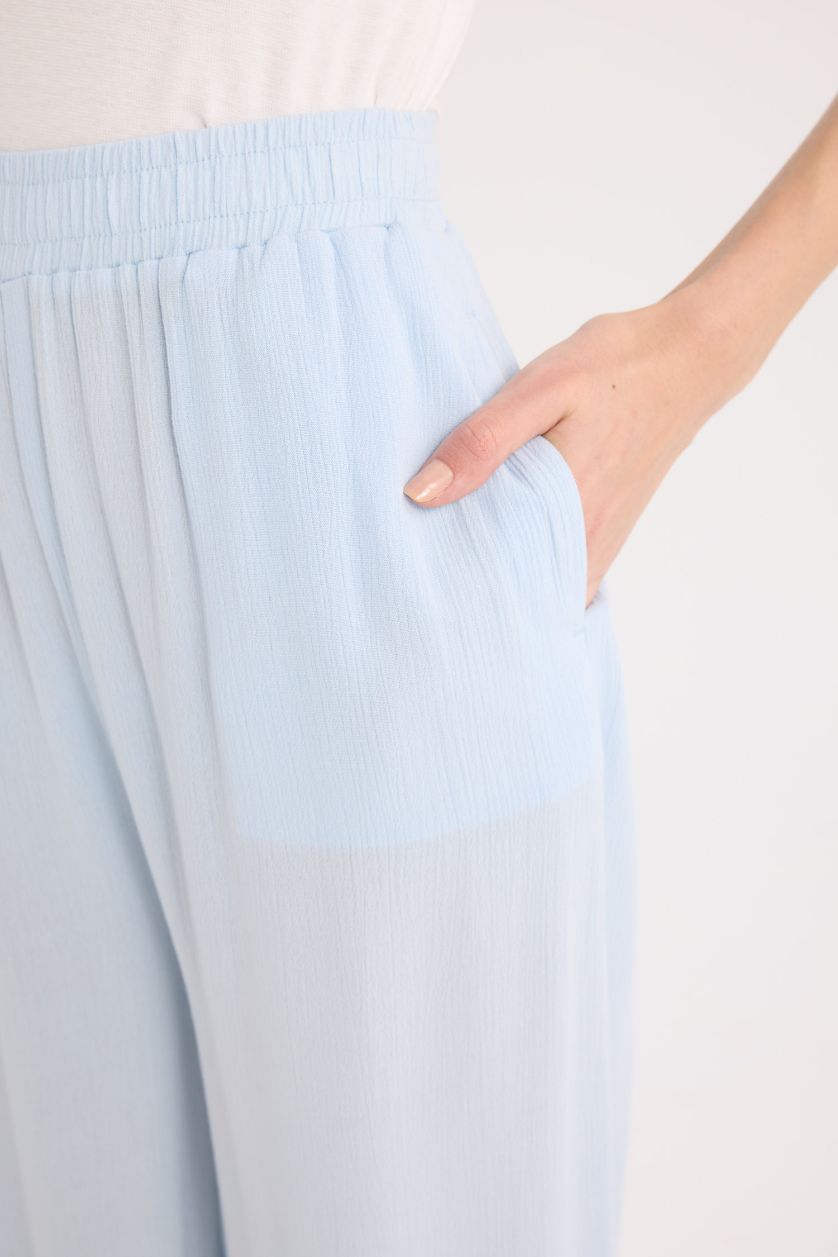 نساء أزرق فاتح بنطرون فيسكوز وايد ليج بجيب وخصر عالي