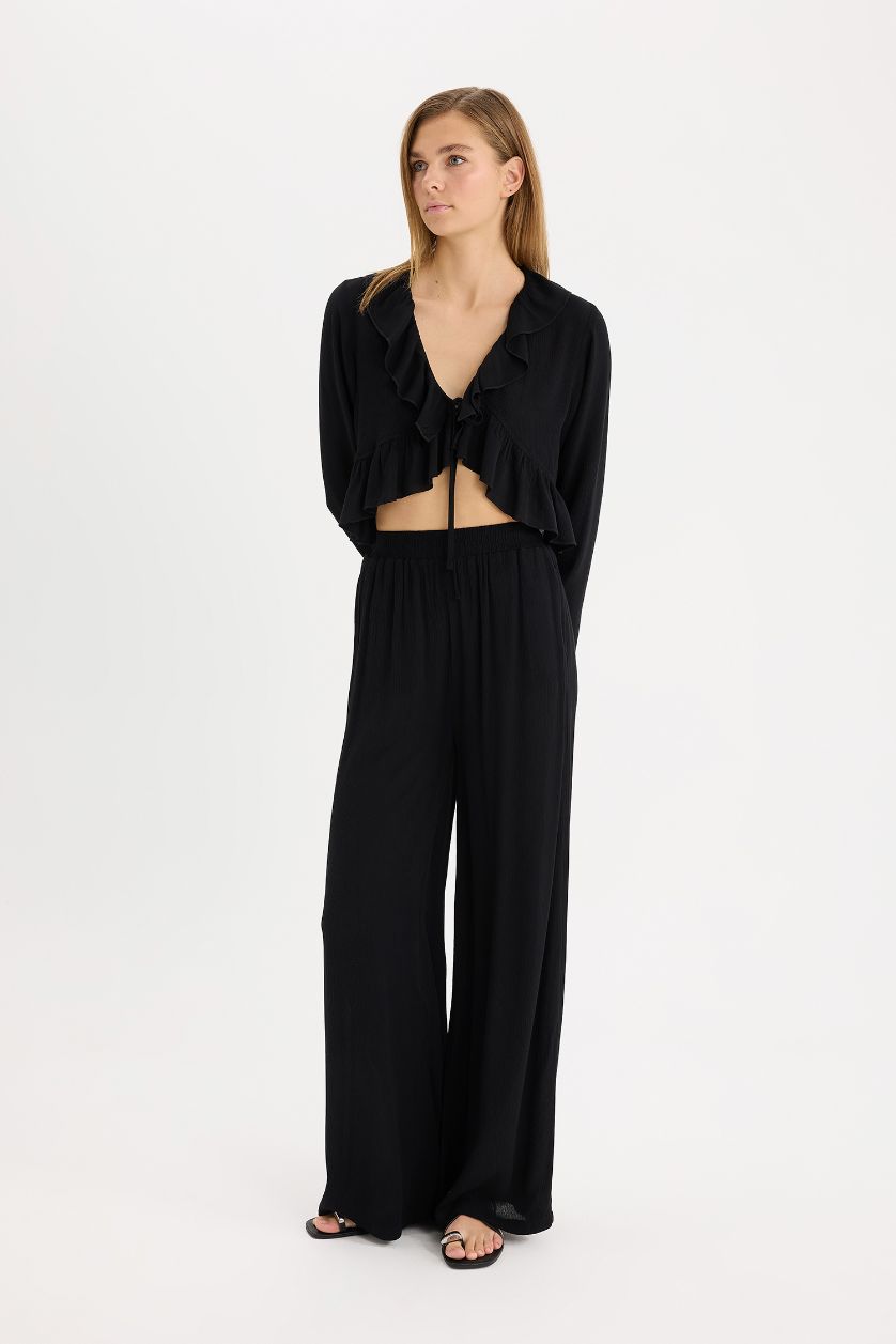 Woman Black Wide Leg Double Pocket Crinkle Viscose Trousers