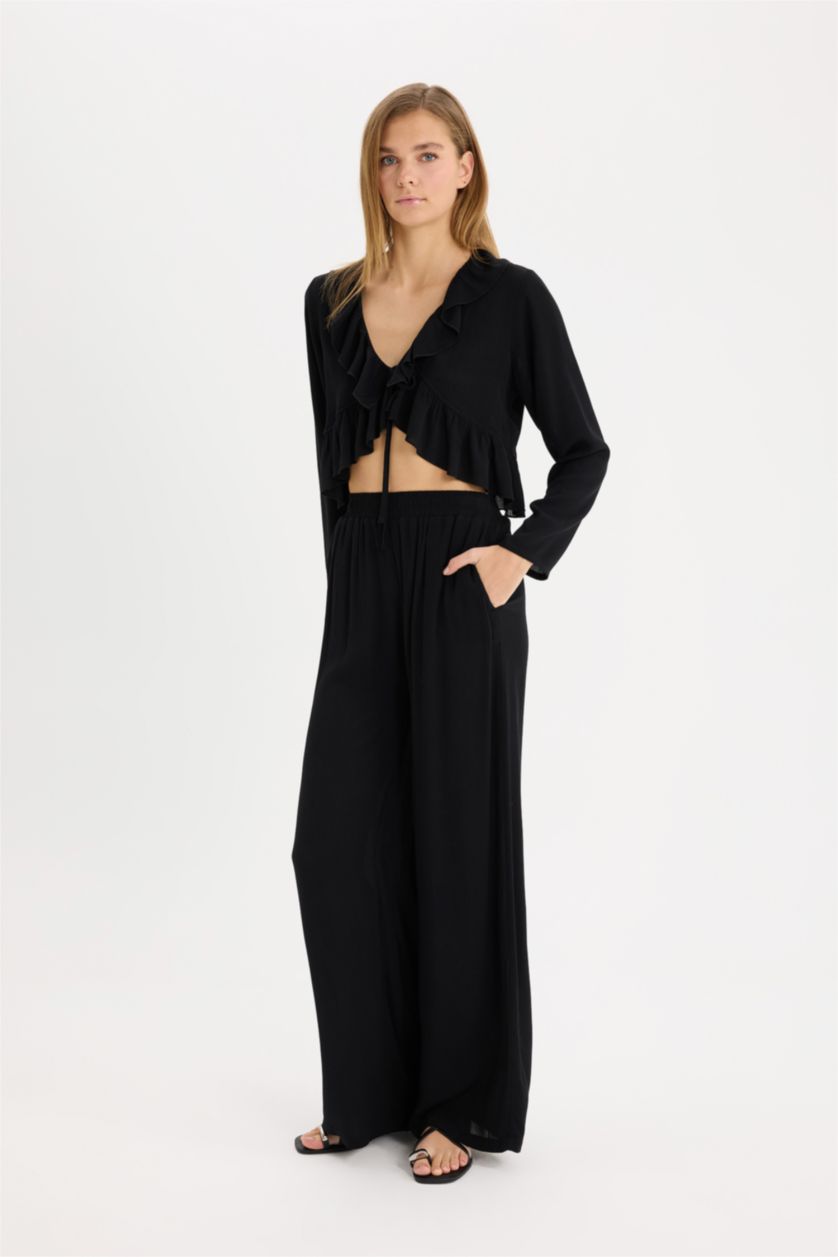 Woman Black Wide Leg Double Pocket Crinkle Viscose Trousers