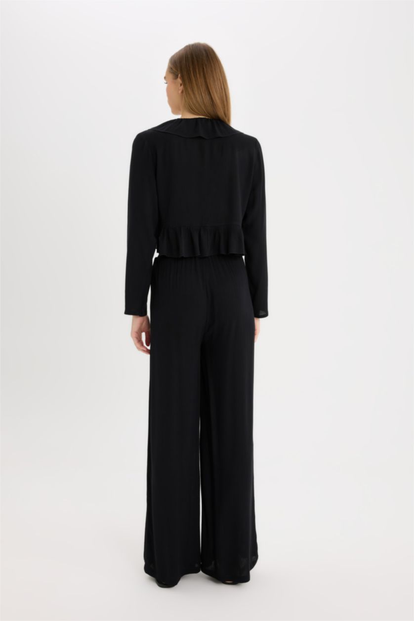 Woman Black Wide Leg Double Pocket Crinkle Viscose Trousers