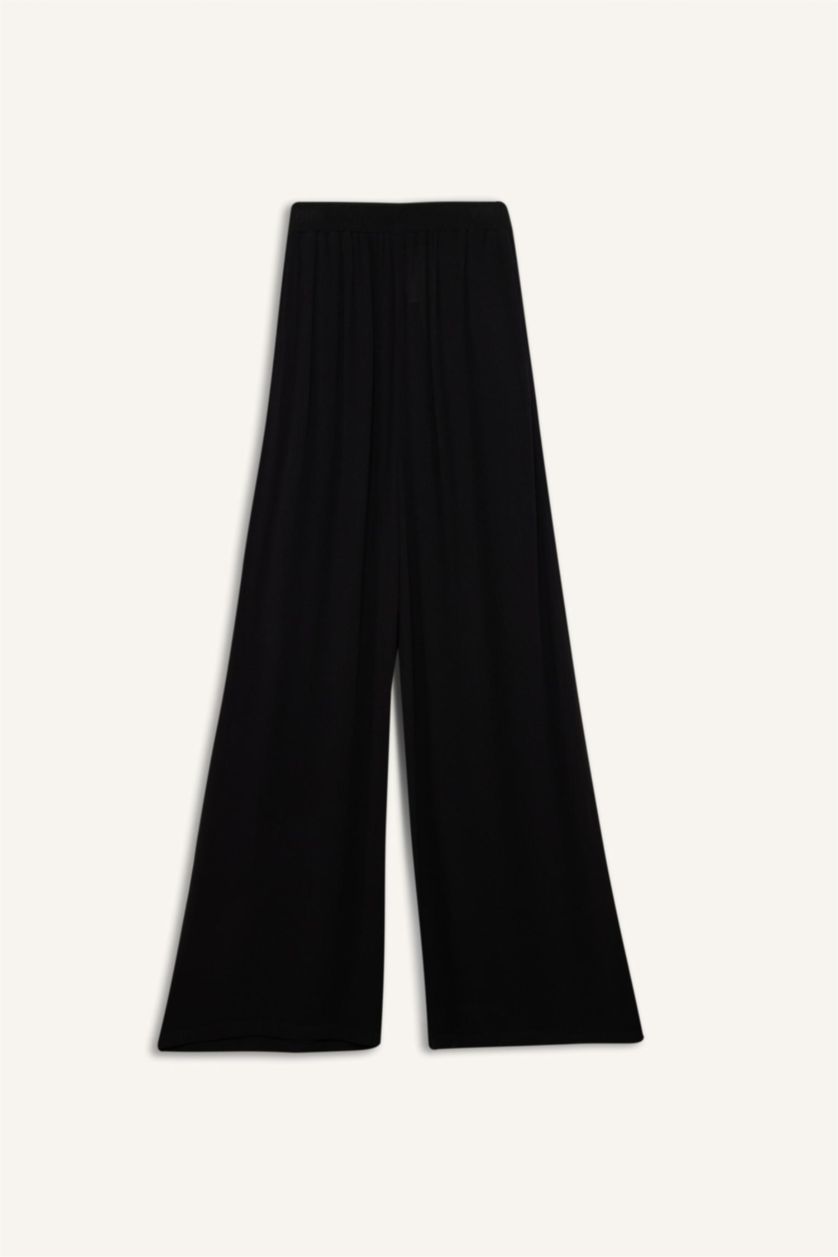 Woman Black Wide Leg Double Pocket Crinkle Viscose Trousers