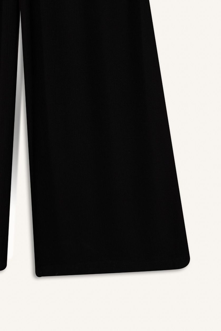 Woman Black Wide Leg Double Pocket Crinkle Viscose Trousers