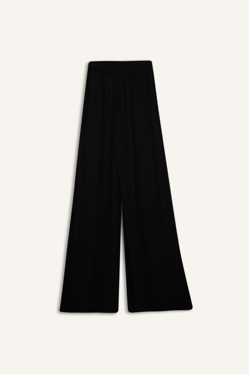 Woman Black Wide Leg Double Pocket Crinkle Viscose Trousers