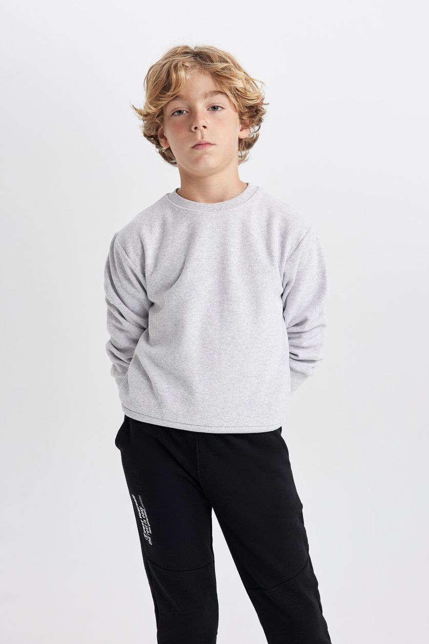 BOYS & TEENS Light Grey Melange Boy Crew Neck Selanik Fabric Basic Sweatshirt