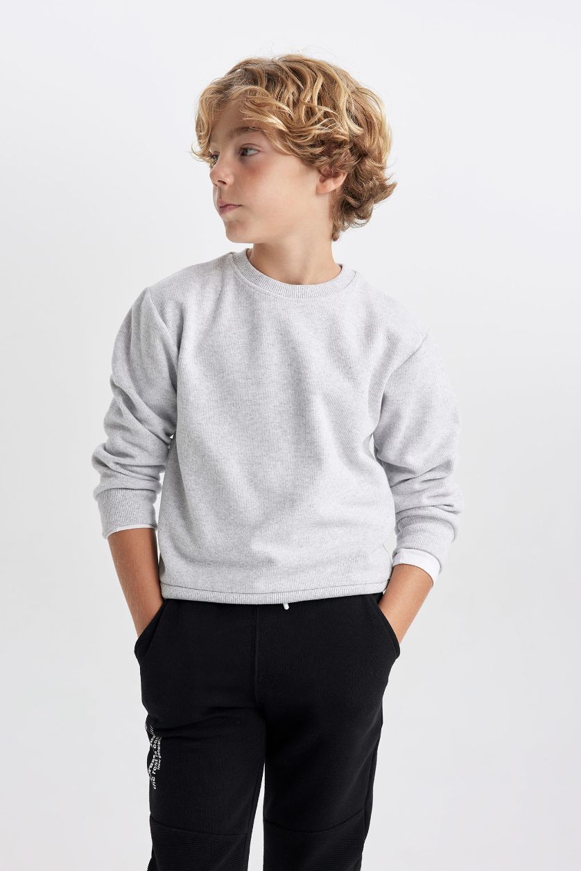 BOYS & TEENS Light Grey Melange Boy Crew Neck Selanik Fabric Basic Sweatshirt