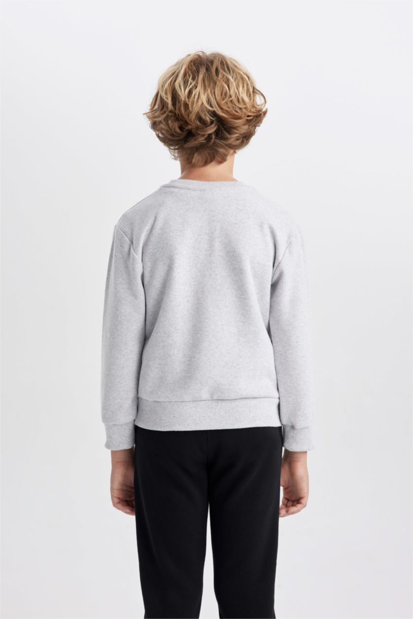 BOYS & TEENS Light Grey Melange Boy Crew Neck Selanik Fabric Basic Sweatshirt