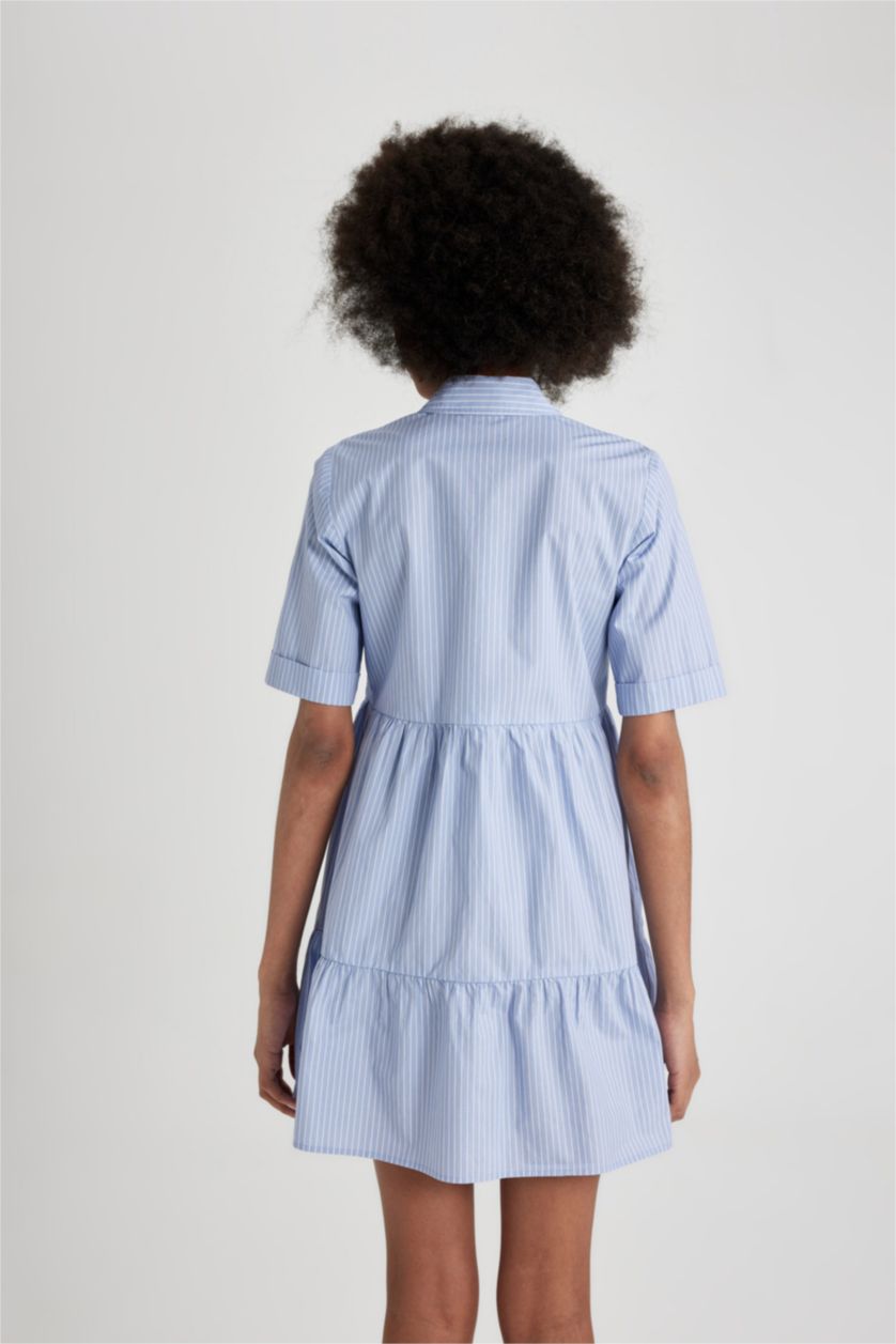 WOMAN Blue Shirt Collar Striped Poplin Short Sleeve Mini Dress