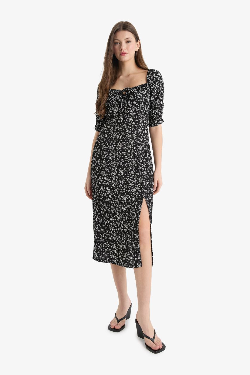 WOMAN Black Bodycon Square Collar Floral Midi Dress