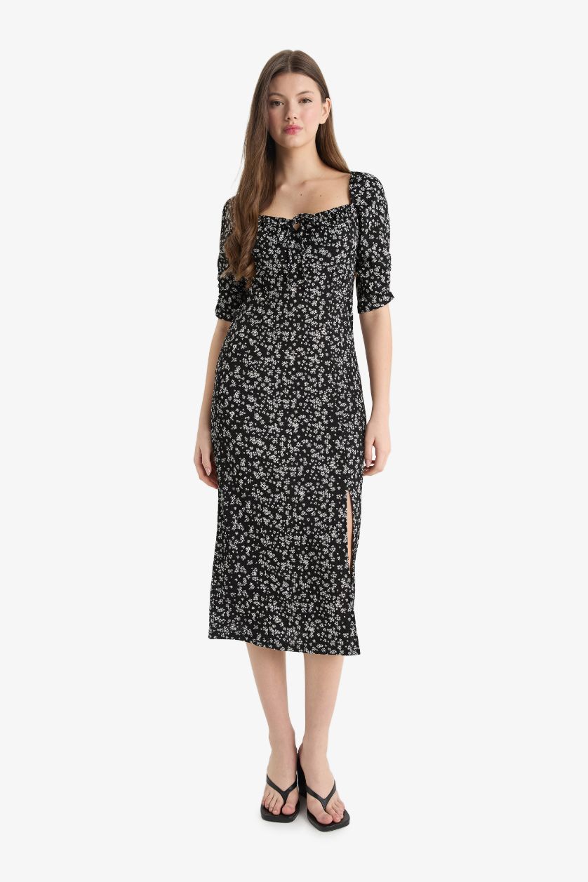 WOMAN Black Bodycon Square Collar Floral Midi Dress