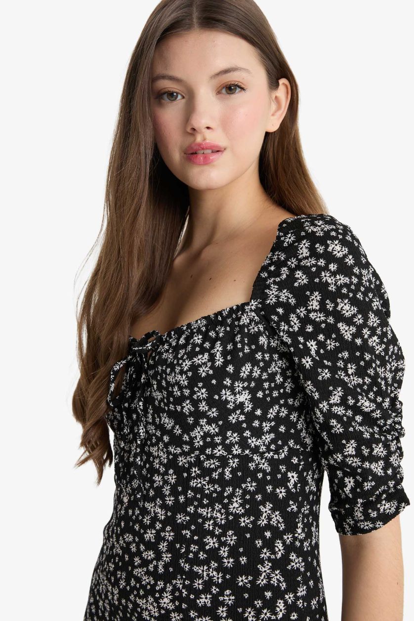 WOMAN Black Bodycon Square Collar Floral Midi Dress