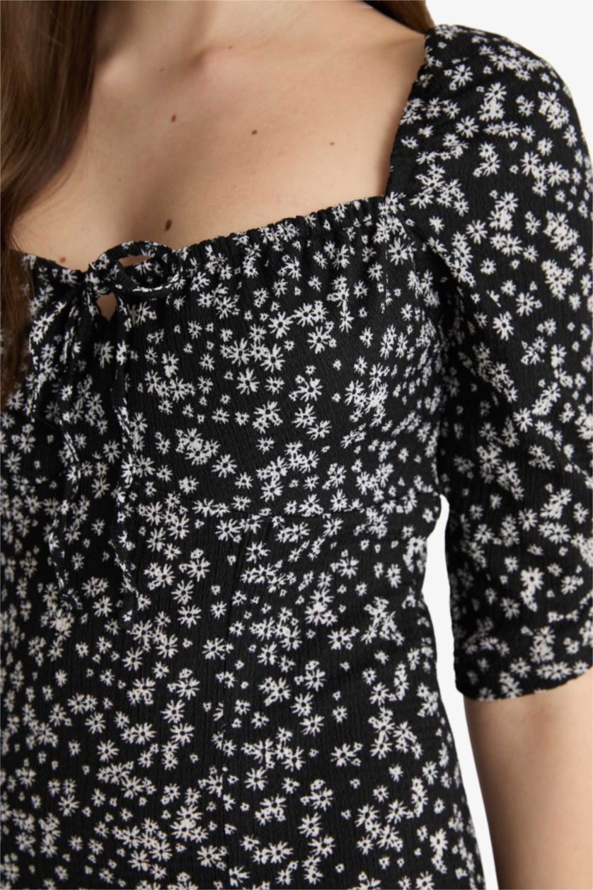WOMAN Black Bodycon Square Collar Floral Midi Dress