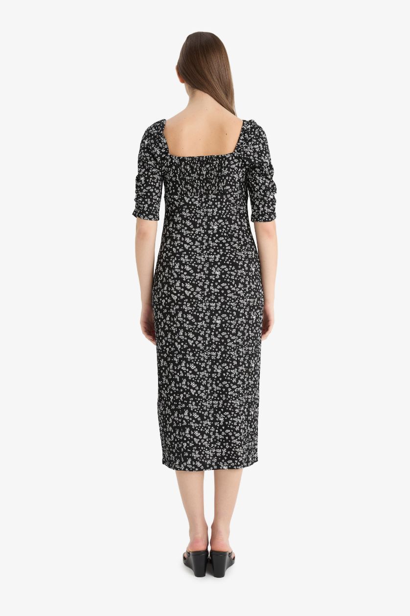 WOMAN Black Bodycon Square Collar Floral Midi Dress