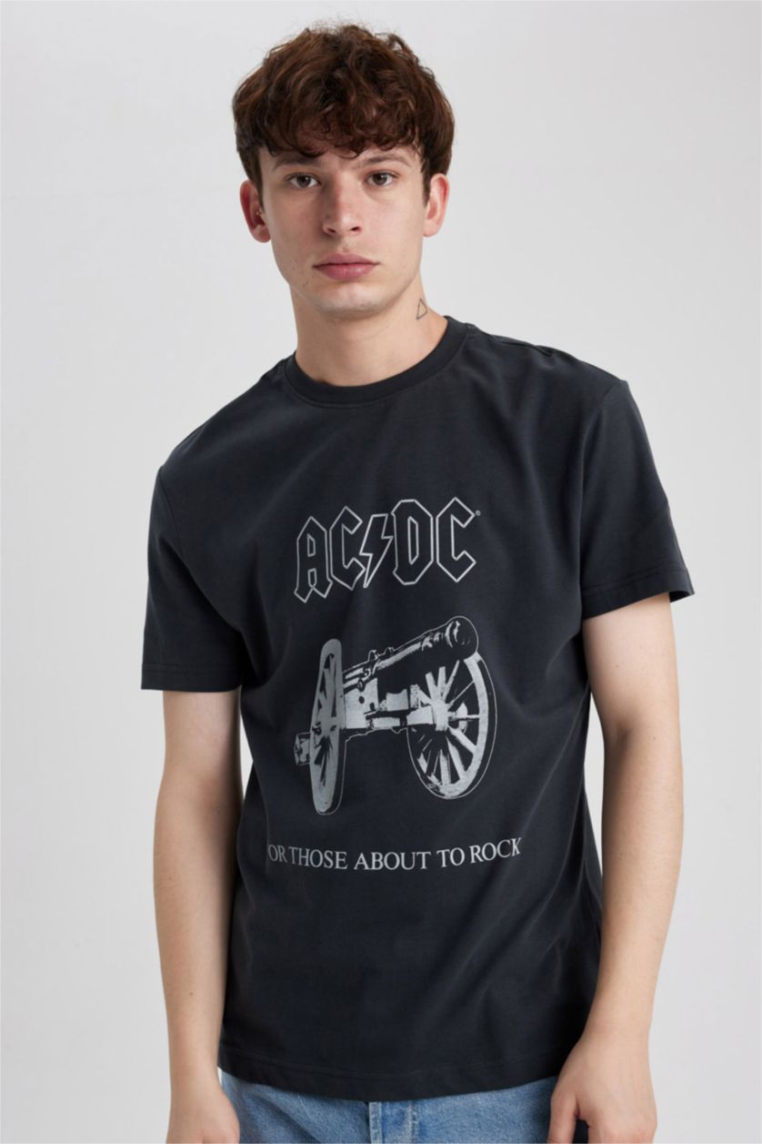 Erkek Antrasit AC/DC Bisiklet Yaka Kısa Kollu Tişört