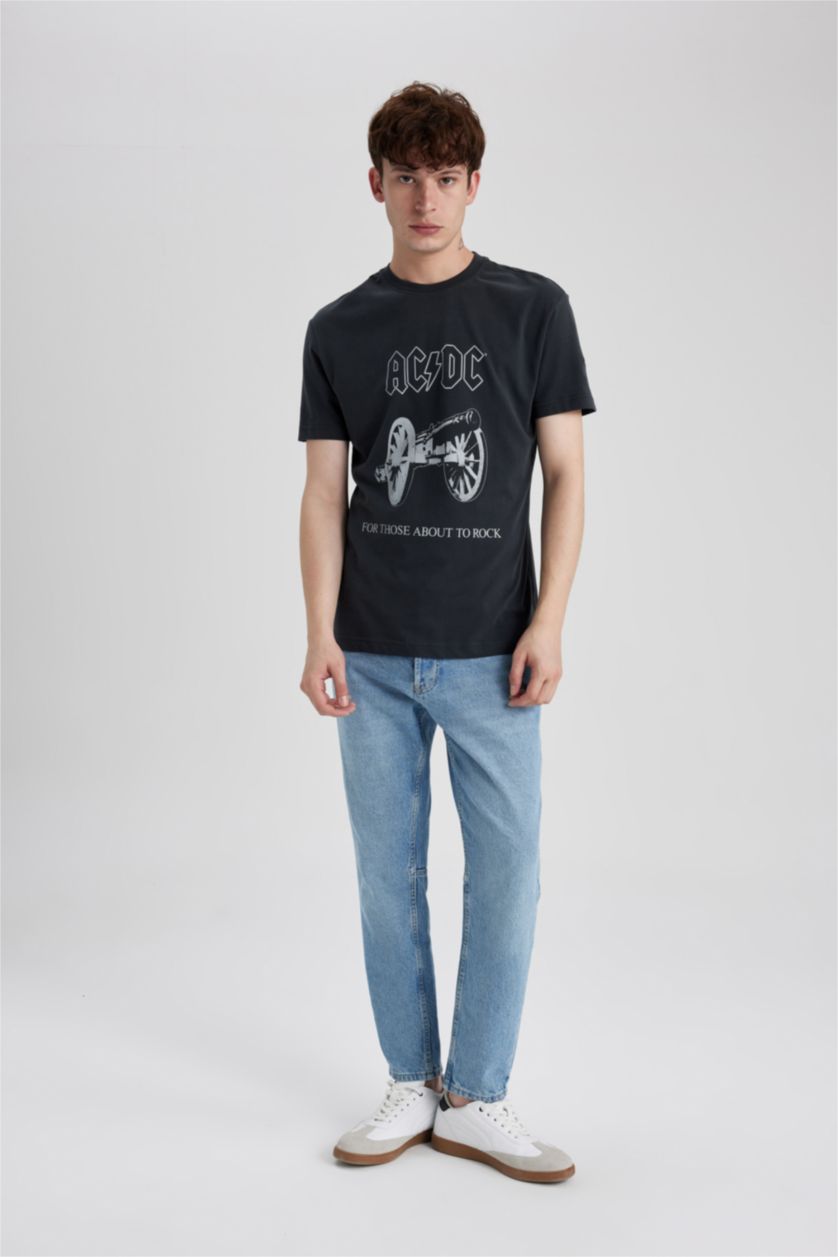 Erkek Antrasit AC/DC Bisiklet Yaka Kısa Kollu Tişört