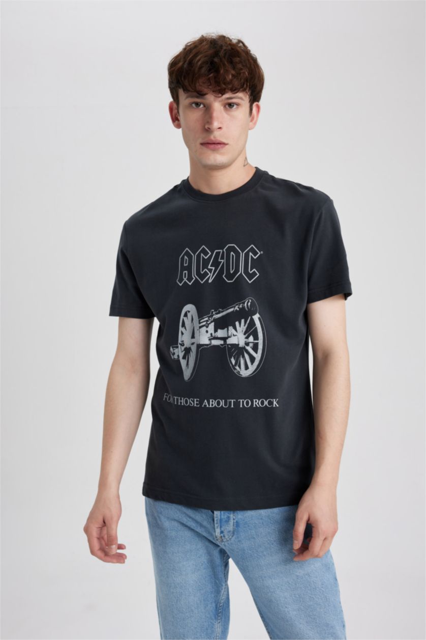 Erkek Antrasit AC/DC Bisiklet Yaka Kısa Kollu Tişört