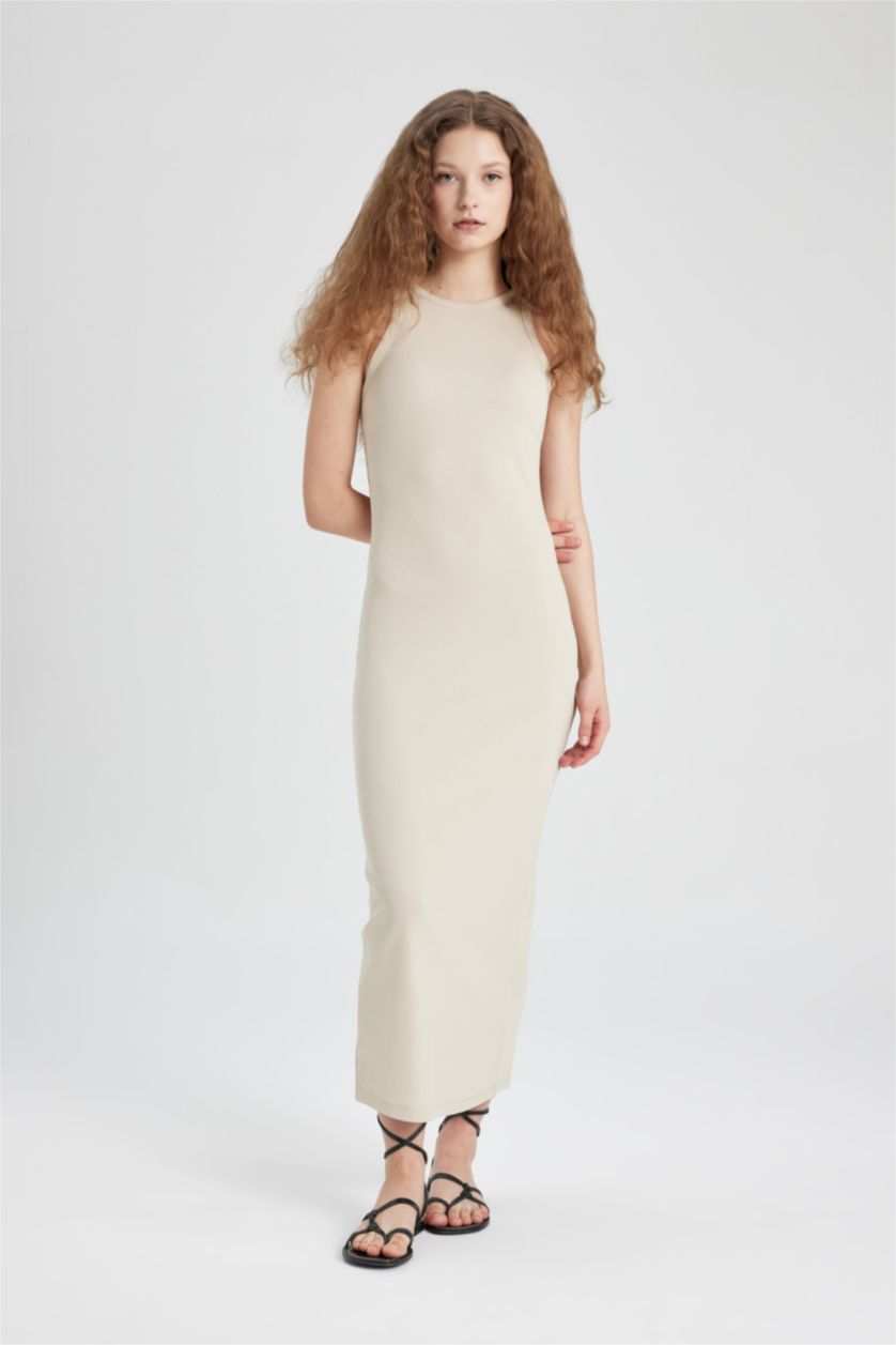 WOMAN Stone Bodycon Halter Neck Ribbed Camisole Strap Maxi Dress