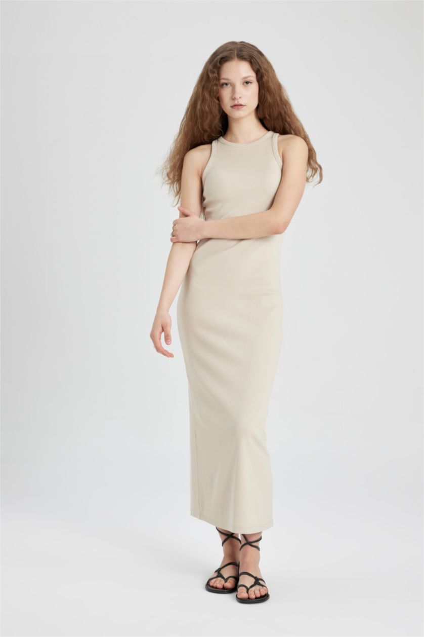 WOMAN Stone Bodycon Halter Neck Ribbed Camisole Strap Maxi Dress