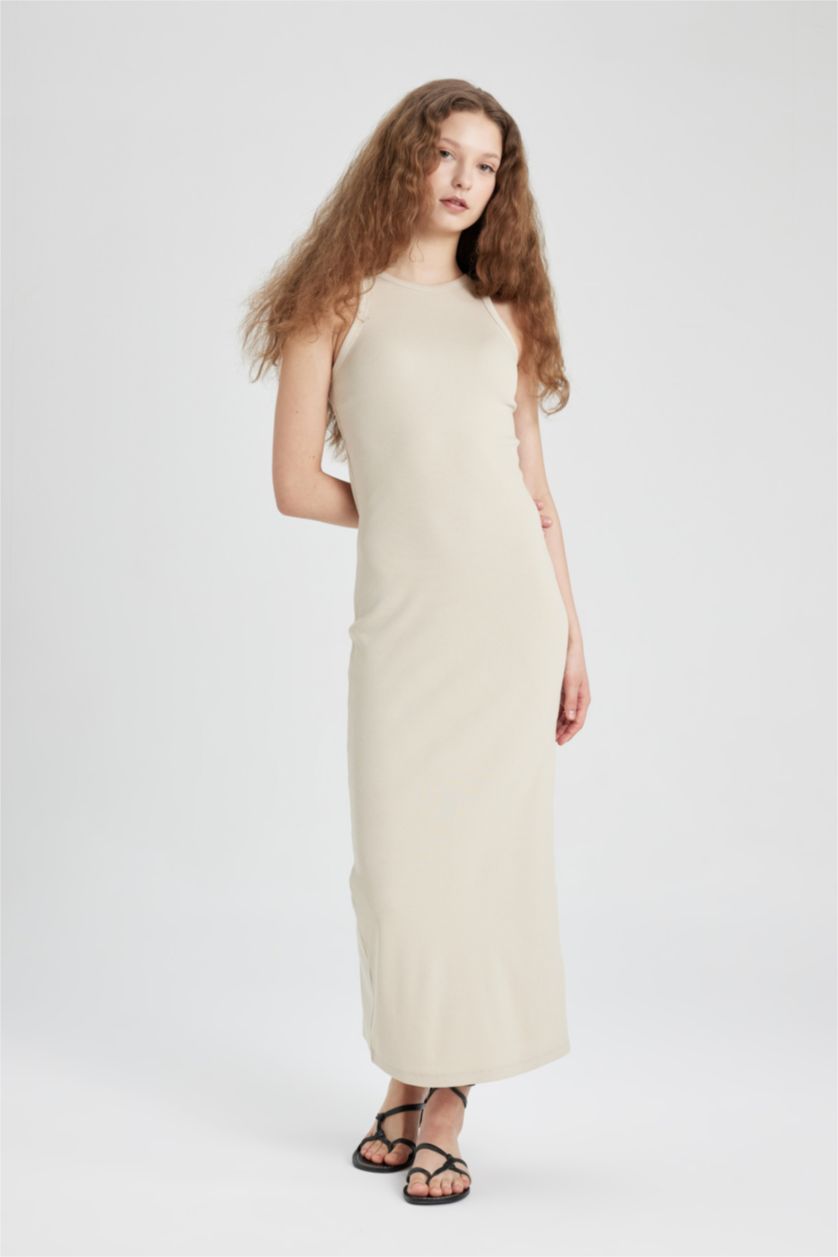 WOMAN Stone Bodycon Halter Neck Ribbed Camisole Strap Maxi Dress