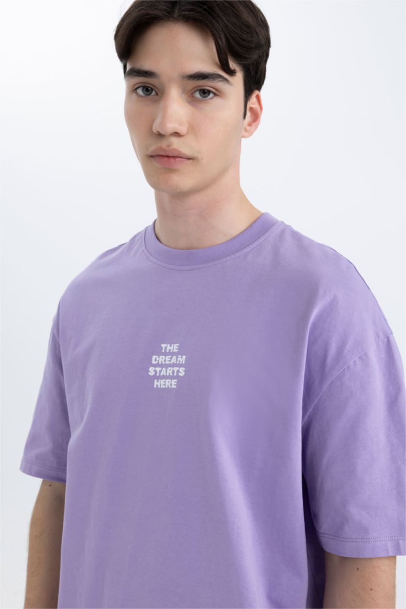 رجال أرجواني تي شيرت مطبوع قصة مريحة بياقة مستديرة