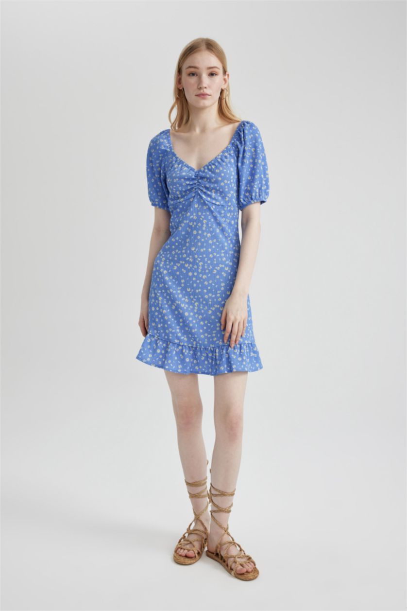 WOMAN Blue A-Line Wrinkled Mini Dress