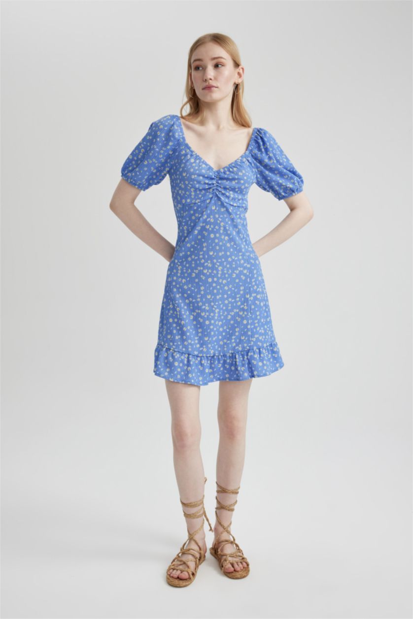 WOMAN Blue A-Line Wrinkled Mini Dress