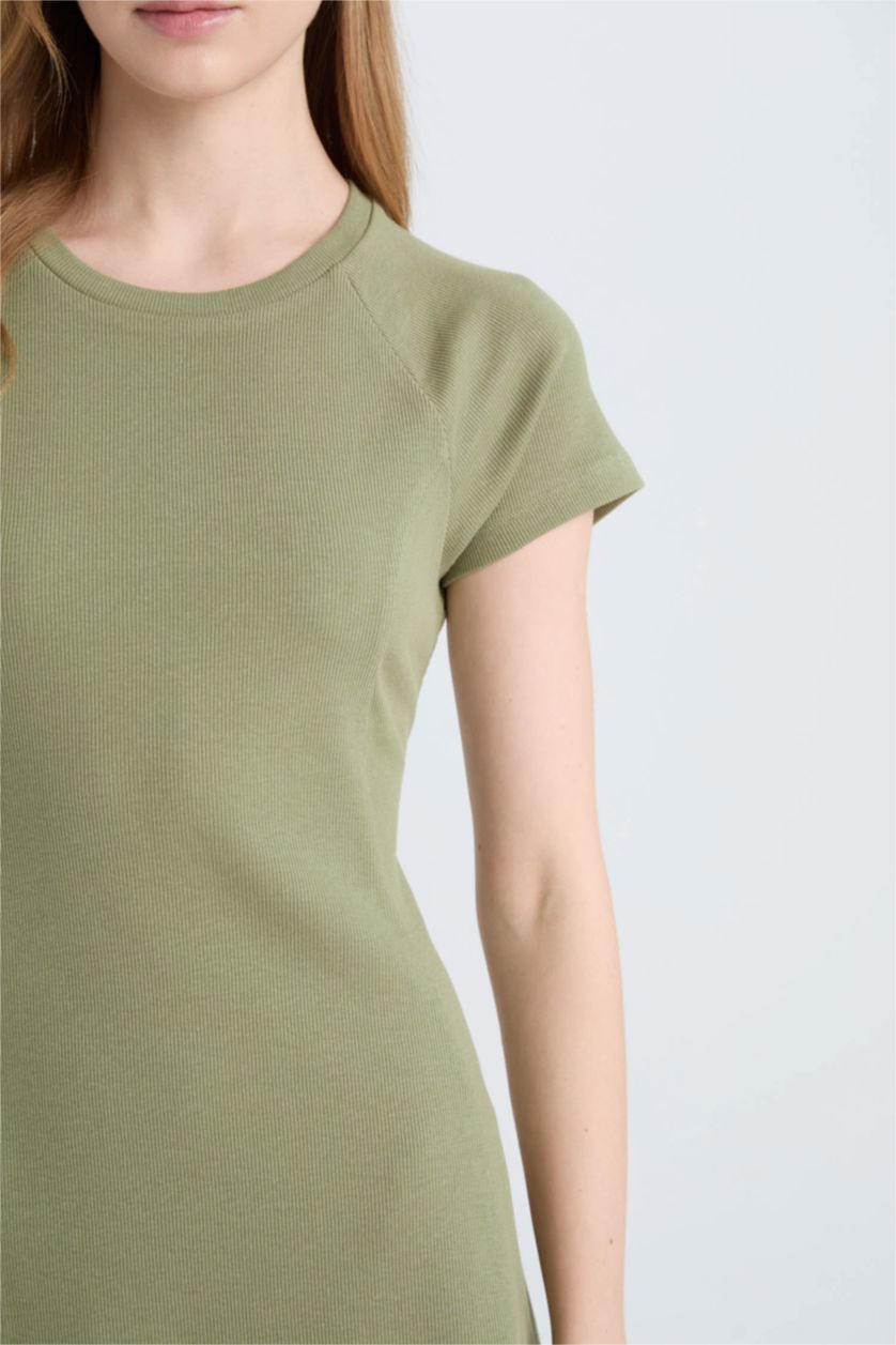 Женщины Хаки Мини-платье с коротким рукавом, с круглым вырезом и ребристой тканью