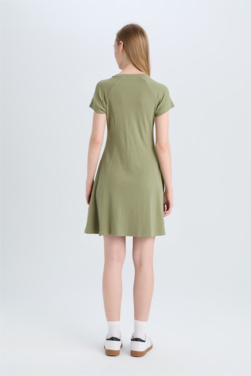 Женщины Хаки Мини-платье с коротким рукавом, с круглым вырезом и ребристой тканью