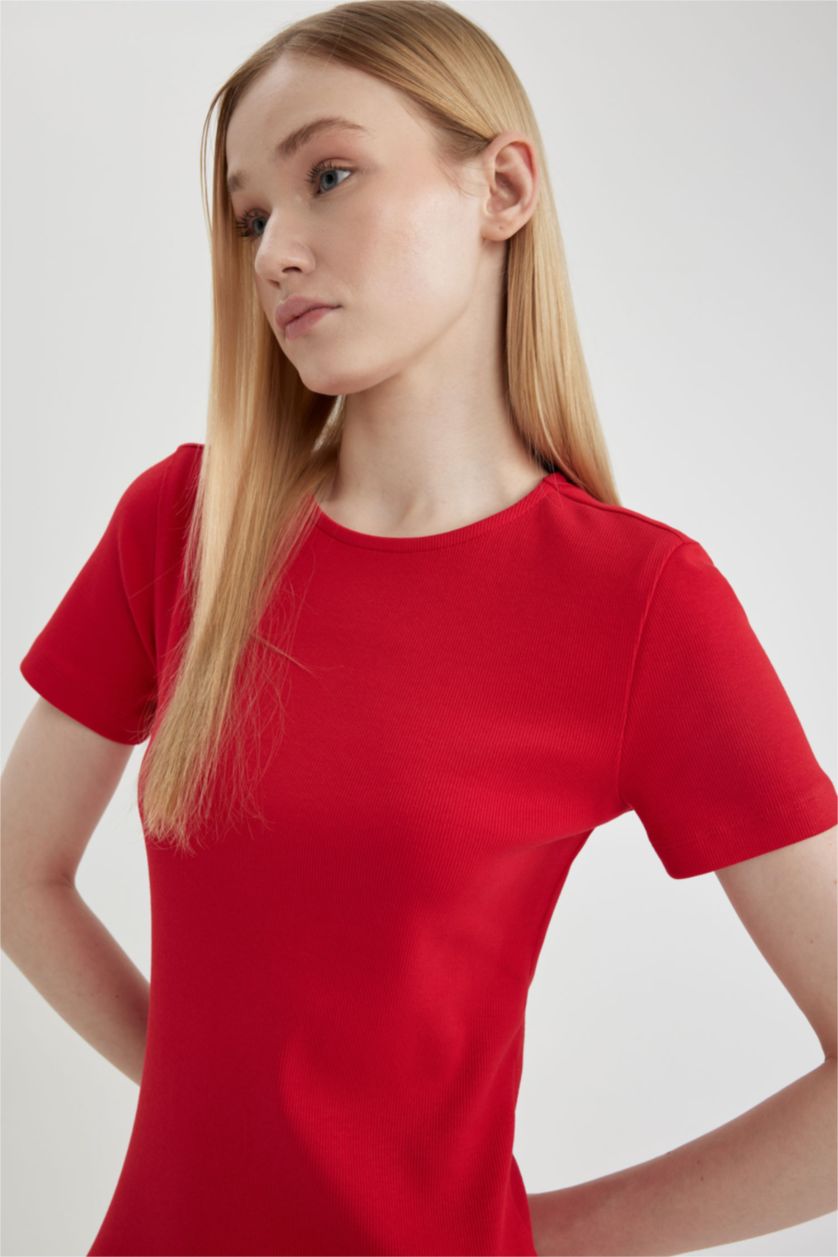 FEMME Rouge Robe courte moulante côtelée à manches courtes et col rond