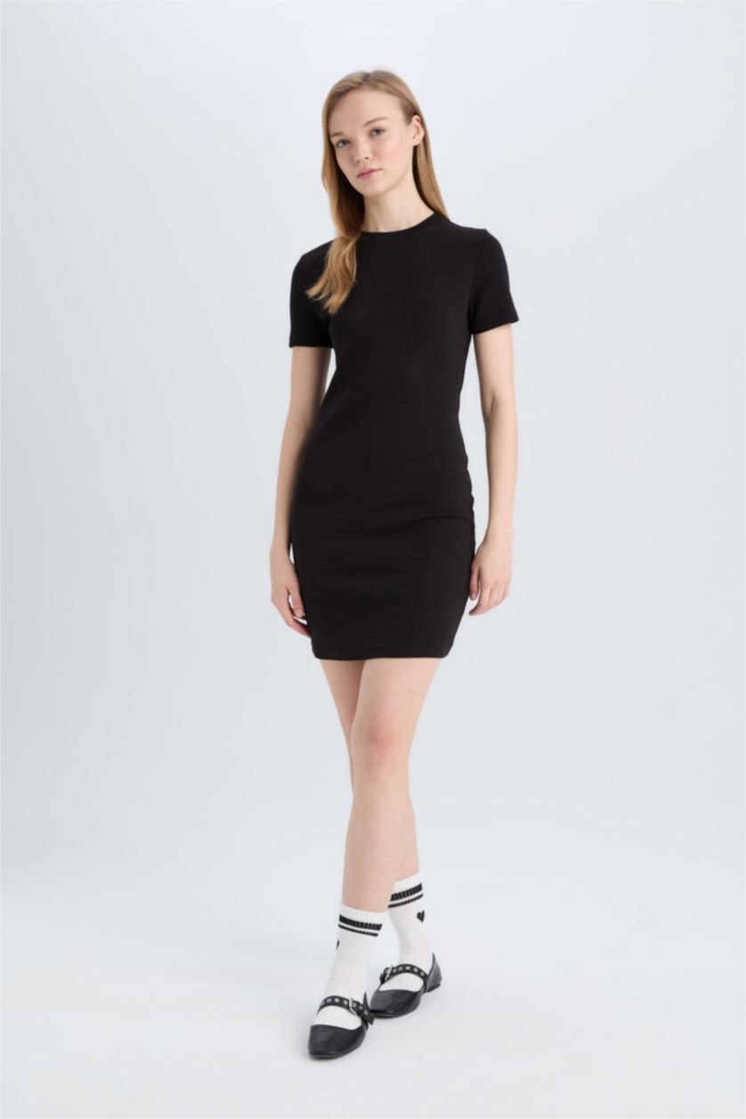 نساء أسود فستان قصير نص كم مضلع بوديكون