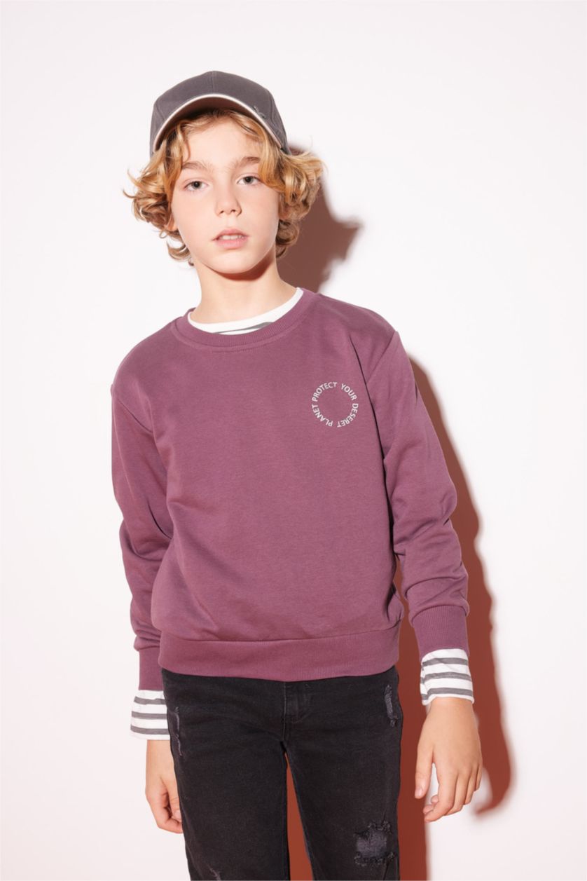 BOYS & TEENS Dark Purple Boy Crew Neck Back Printed Sweatshirt