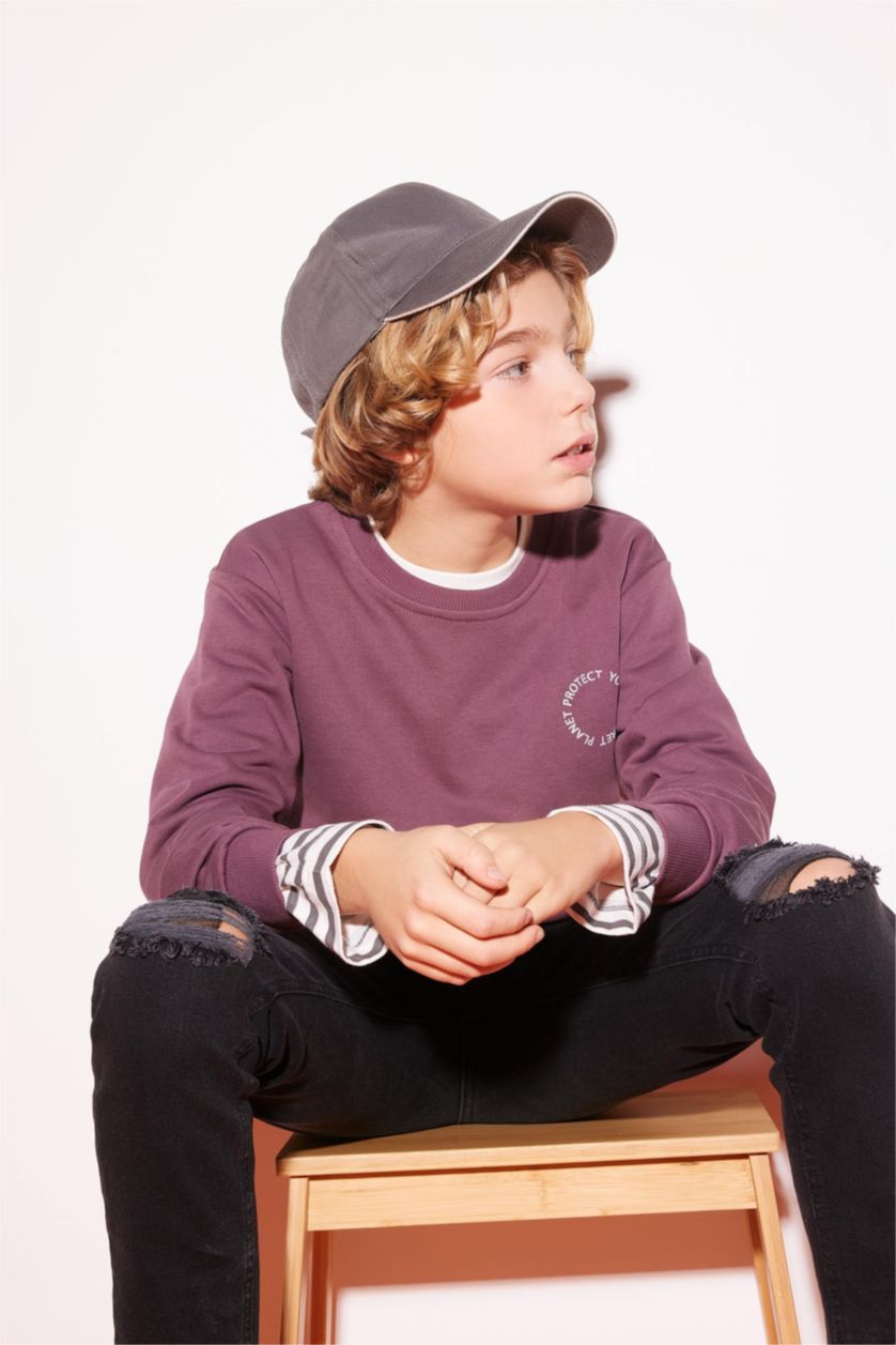 BOYS & TEENS Dark Purple Boy Crew Neck Back Printed Sweatshirt
