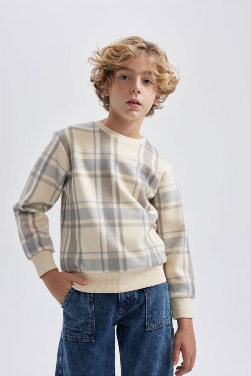 BOYS & TEENS Beige Boy Crew Neck Patterned Flannel Sweatshirt