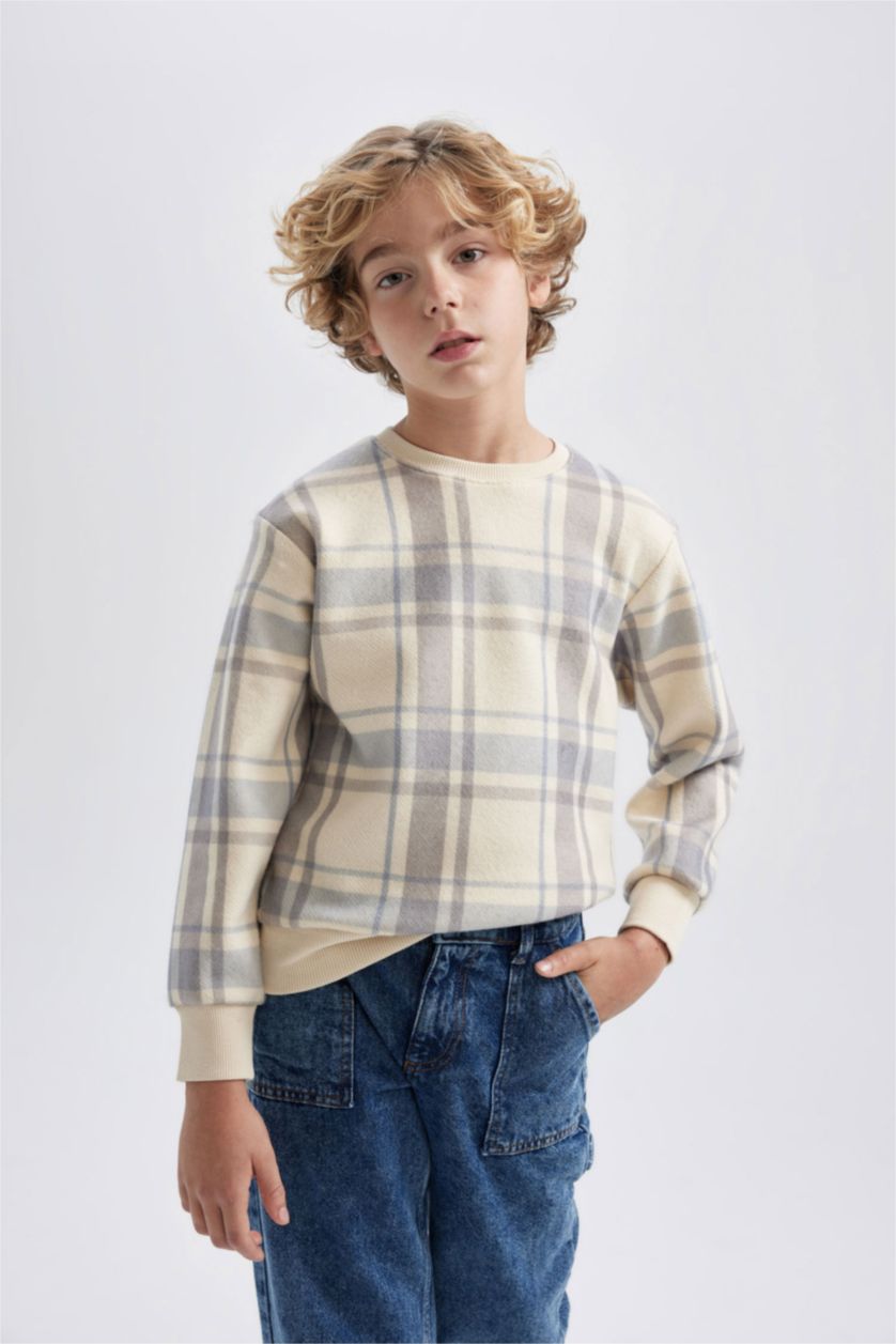 BOYS & TEENS Beige Boy Crew Neck Patterned Flannel Sweatshirt