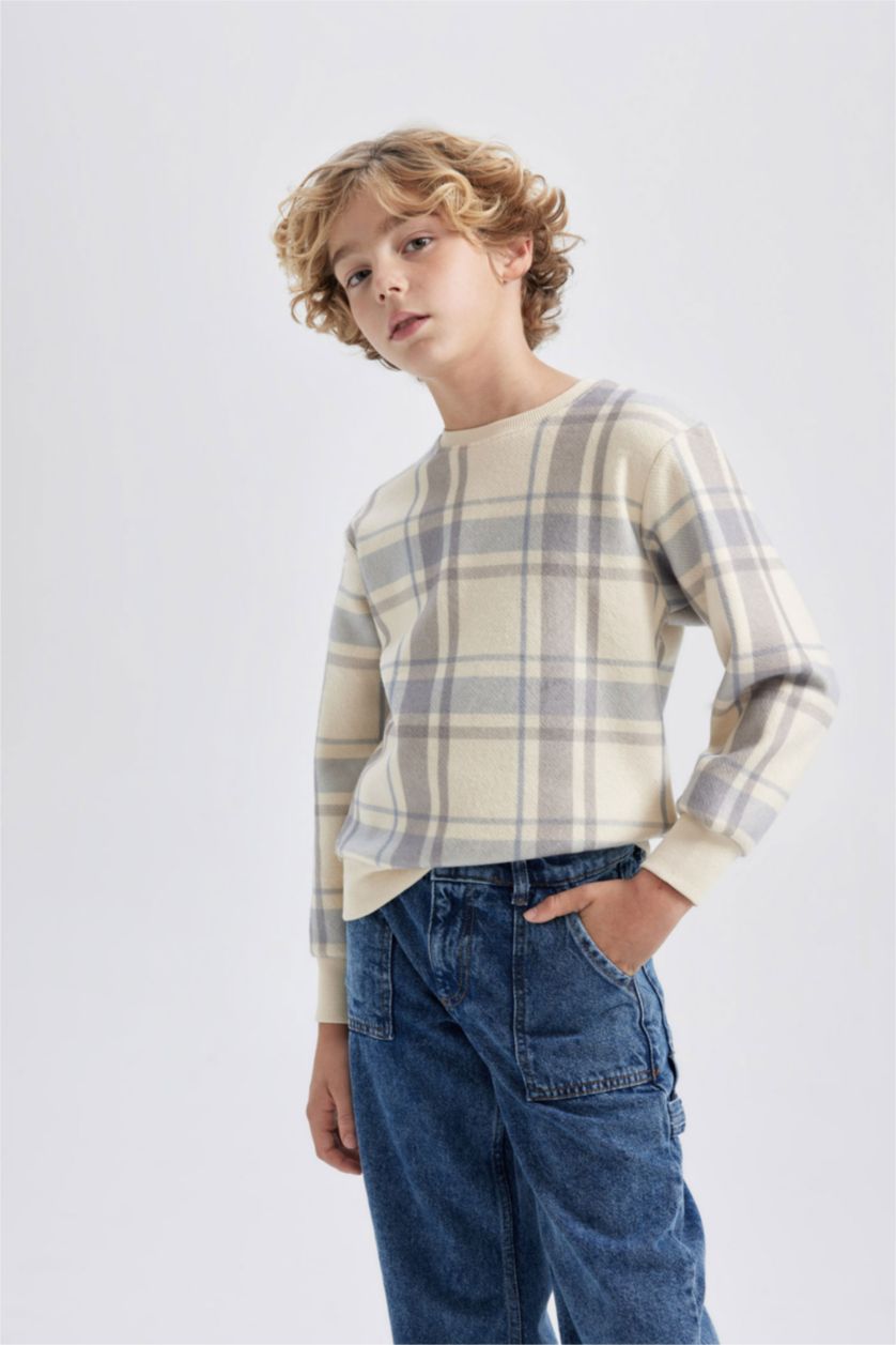 BOYS & TEENS Beige Boy Crew Neck Patterned Flannel Sweatshirt