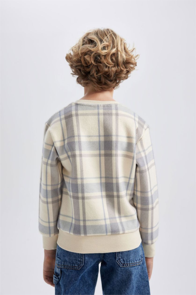 BOYS & TEENS Beige Boy Crew Neck Patterned Flannel Sweatshirt