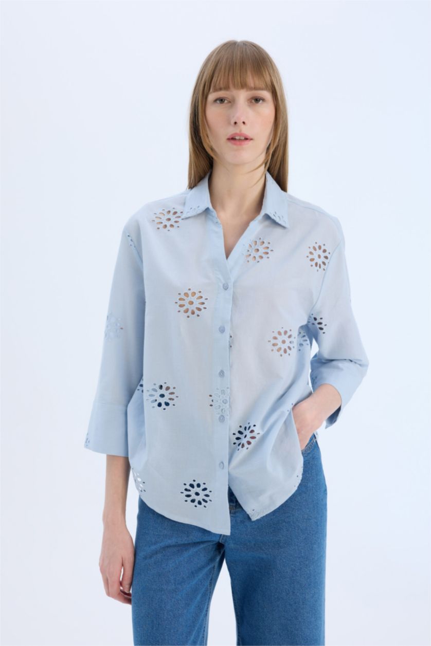 WOMAN Light Blue Oversize Fit Shirt Collar brode Long Sleeve Shirt