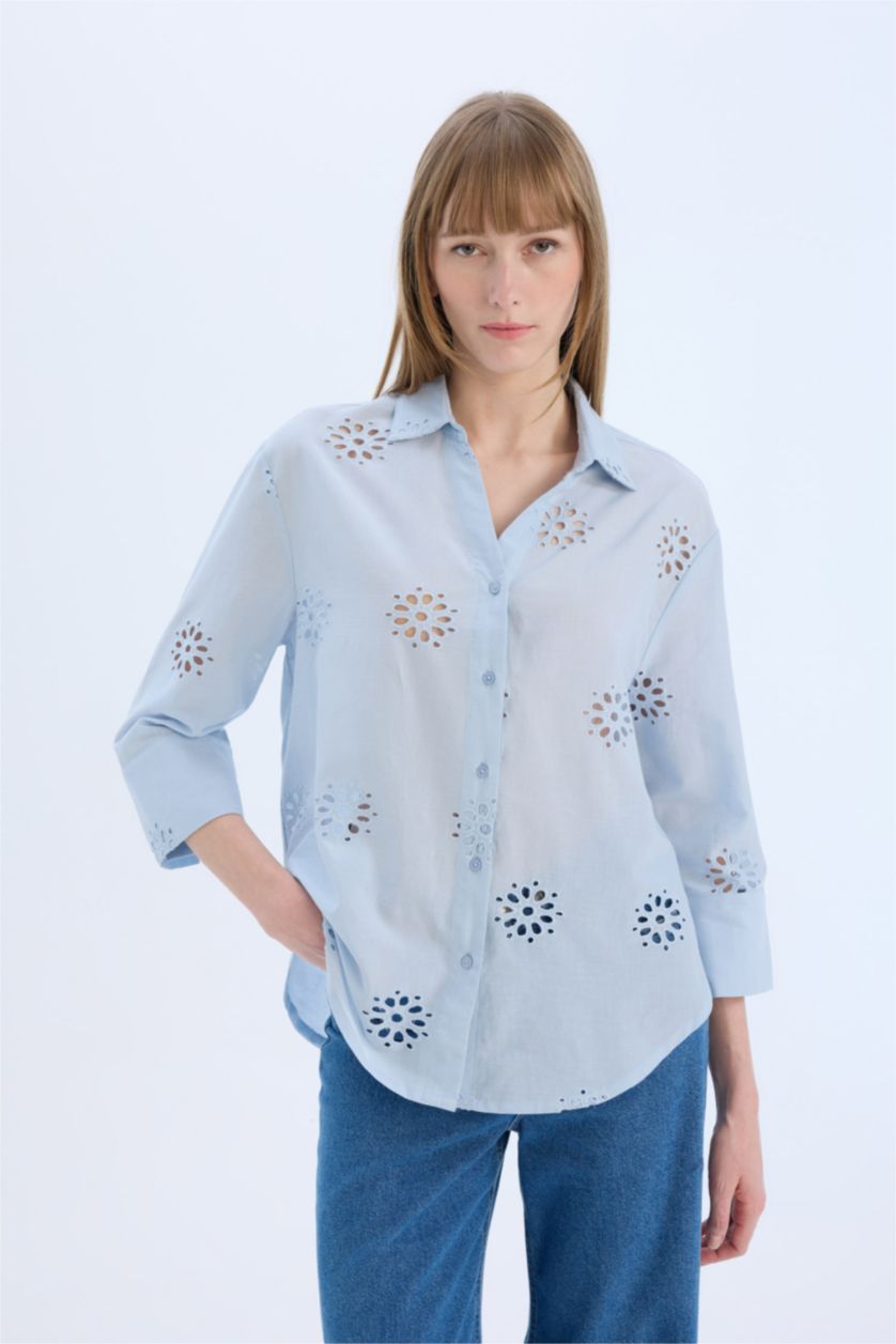 WOMAN Light Blue Oversize Fit Shirt Collar brode Long Sleeve Shirt