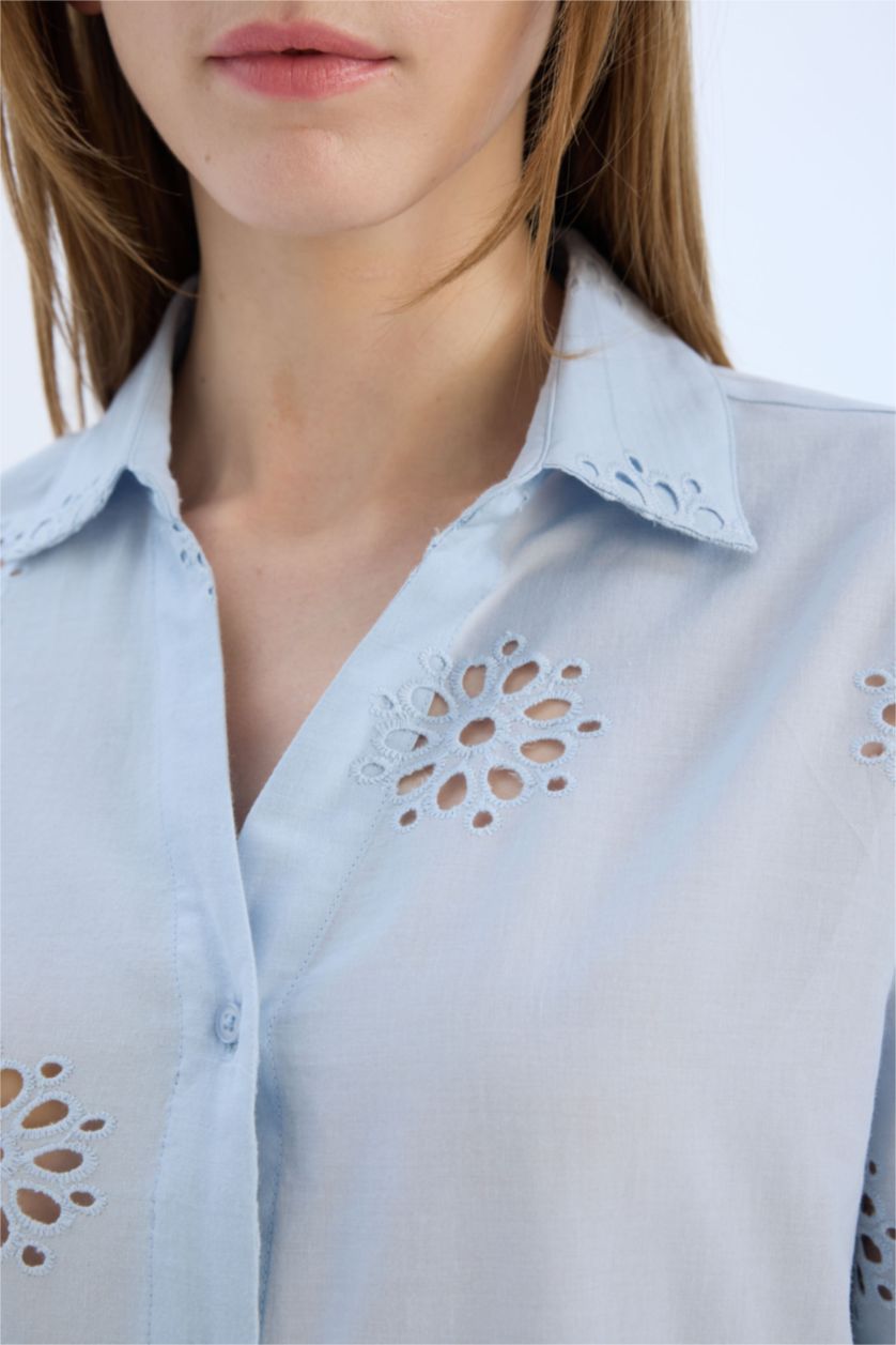 WOMAN Light Blue Oversize Fit Shirt Collar brode Long Sleeve Shirt