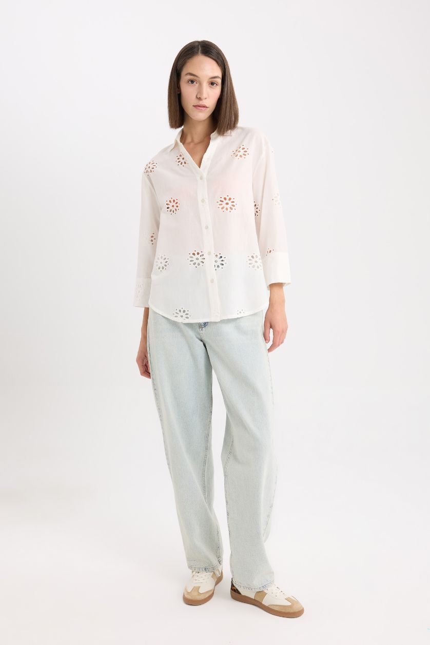 Kadın Kırık Beyaz %100 Pamuk Oversıze Brode Gömlek