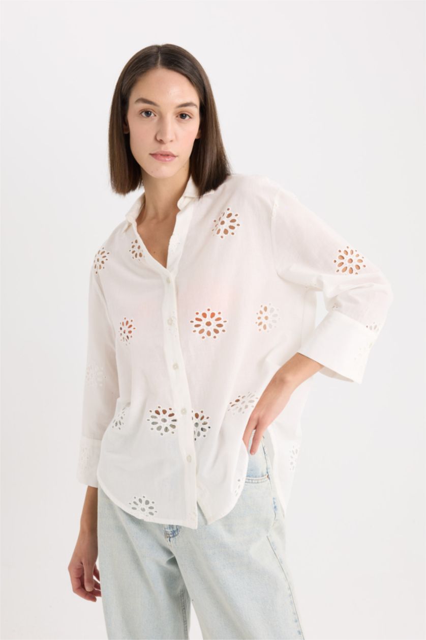Kadın Kırık Beyaz %100 Pamuk Oversıze Brode Gömlek