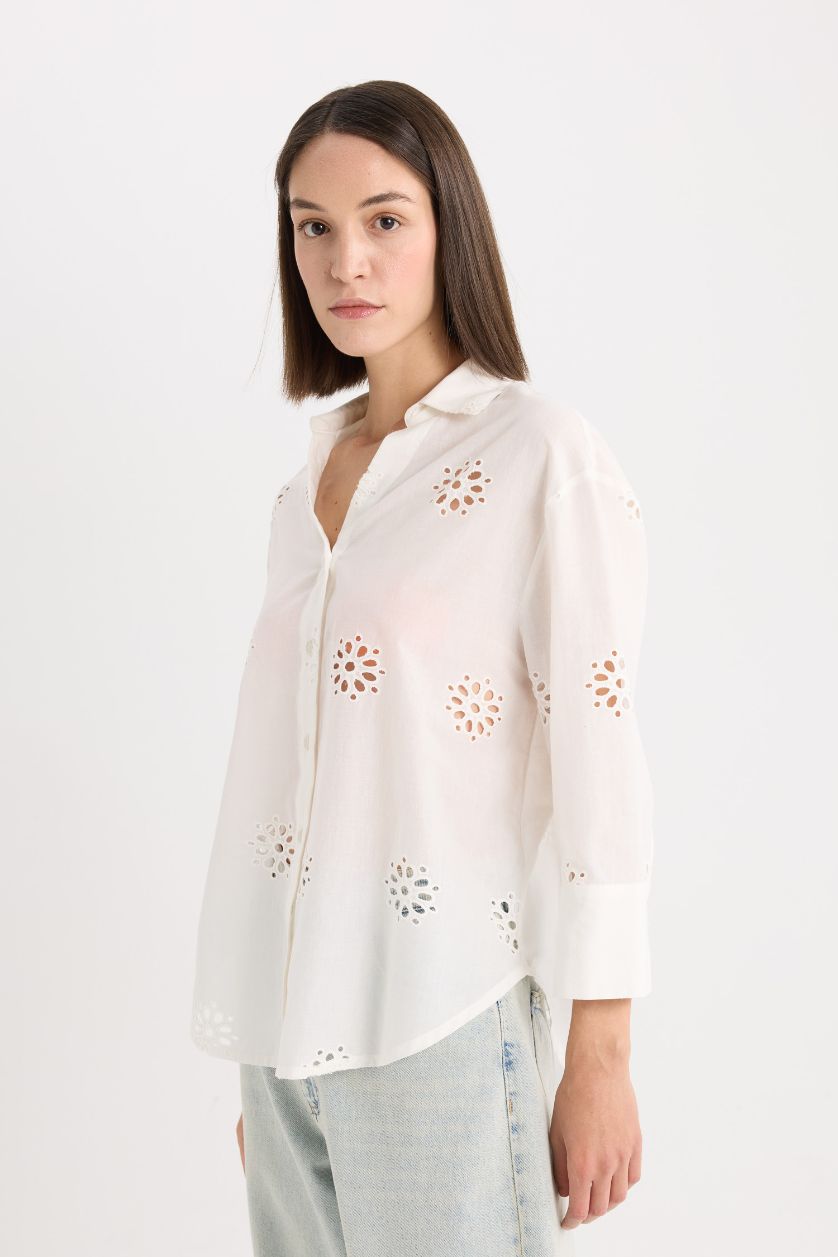 Kadın Kırık Beyaz %100 Pamuk Oversıze Brode Gömlek