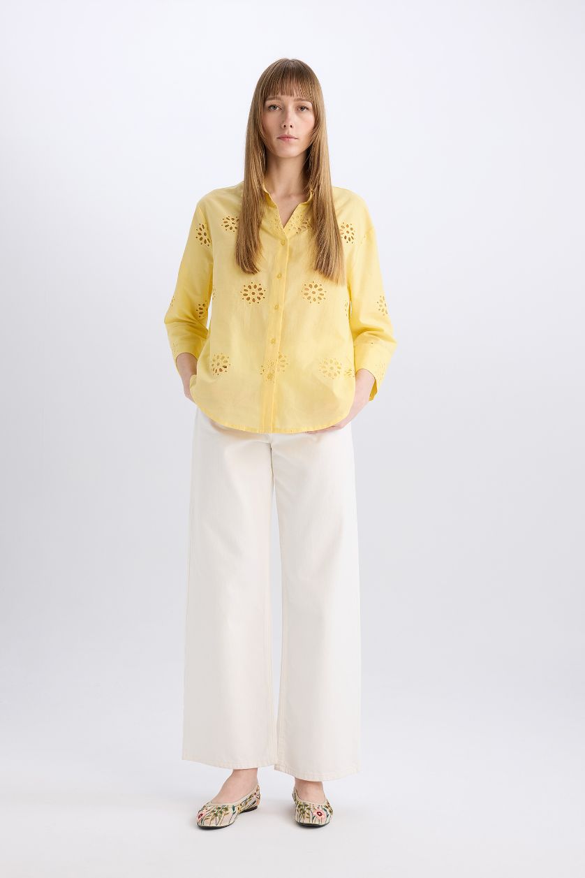 Kadın Sarı %100 Pamuk Oversıze Brode Gömlek