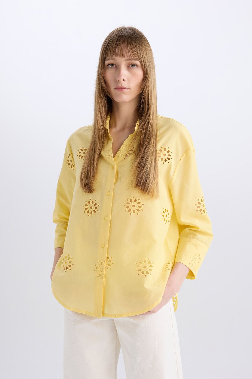 Kadın Sarı %100 Pamuk Oversıze Brode Gömlek