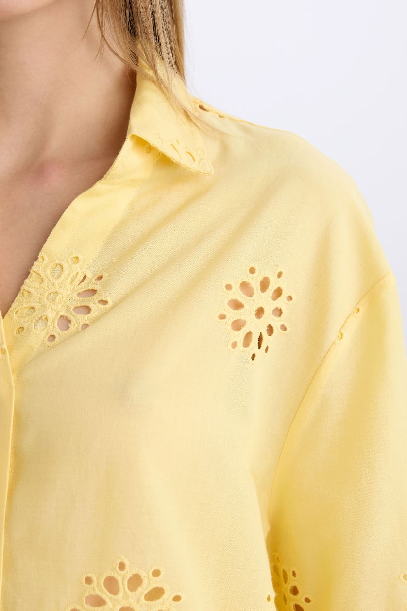 Kadın Sarı %100 Pamuk Oversıze Brode Gömlek