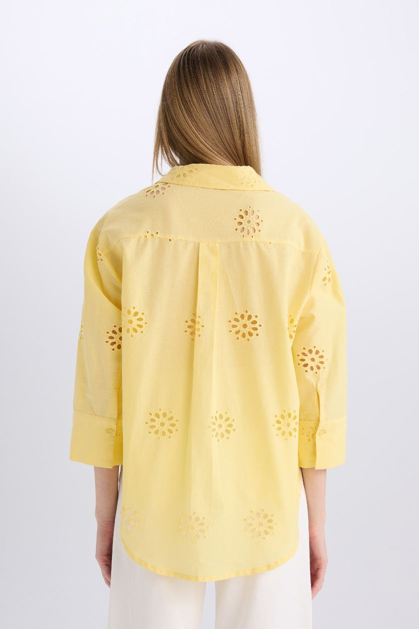Kadın Sarı %100 Pamuk Oversıze Brode Gömlek
