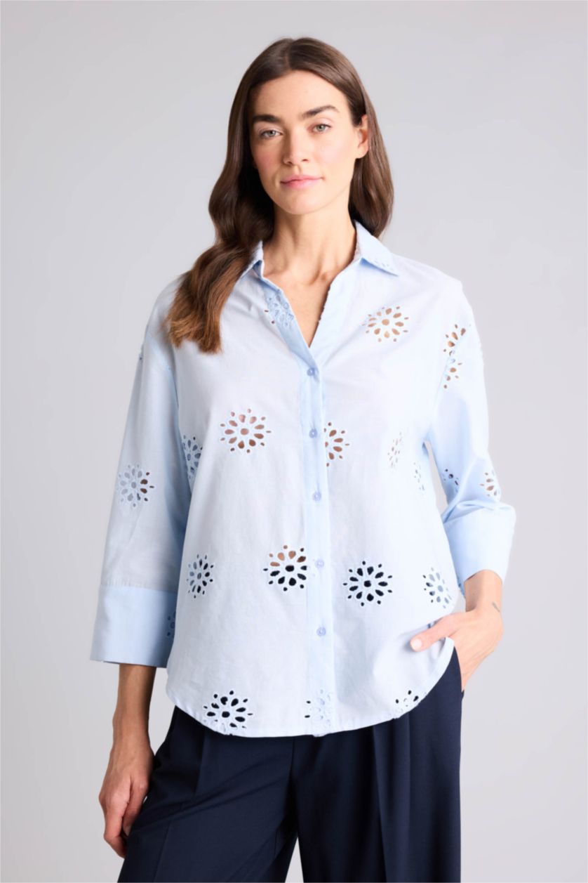 Kadın Açık Mavi Oversıze Gömlek Yaka Brode Uzun Kollu Gömlek